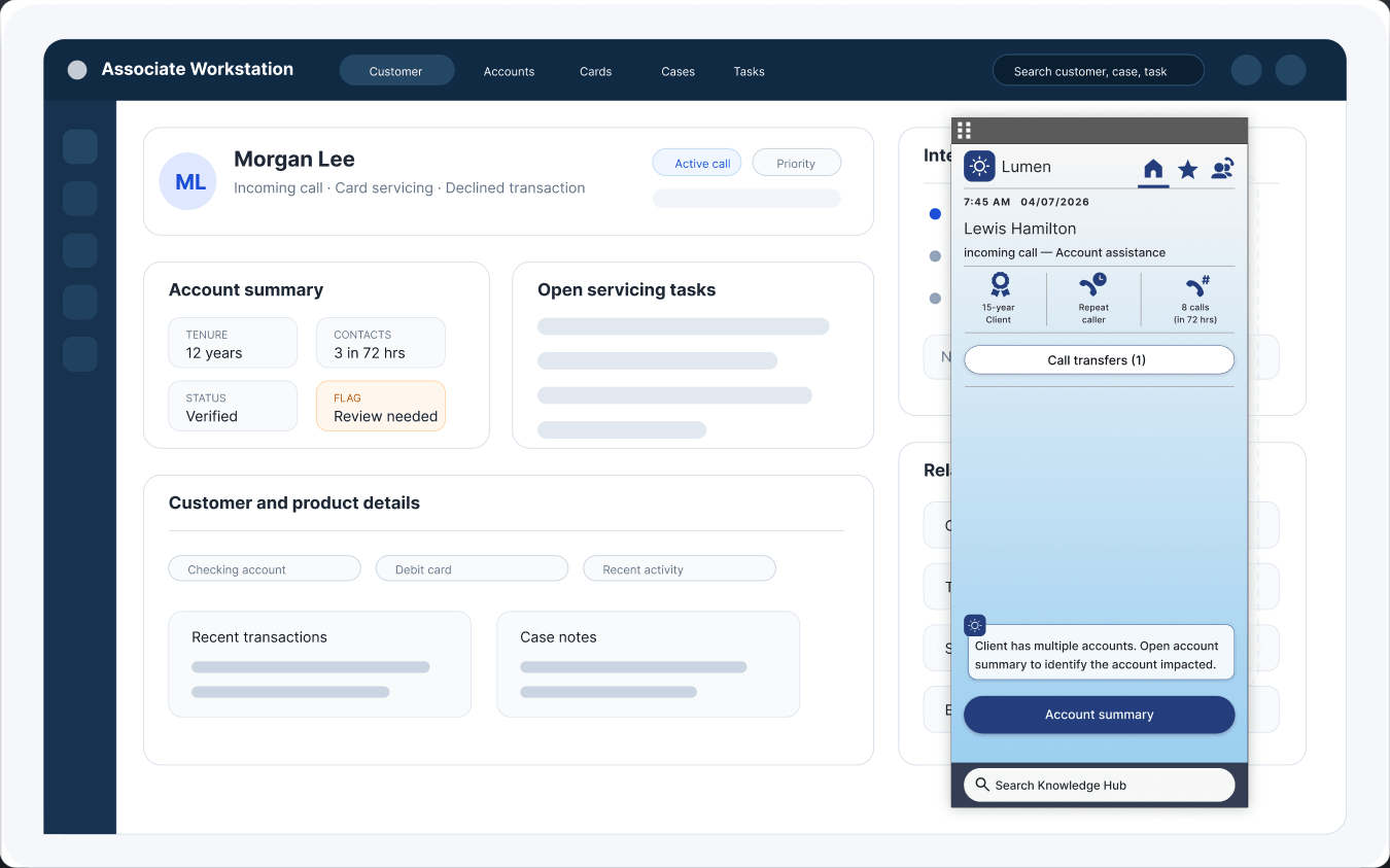 Associate workstation screen with the Lumen assistant panel open during a live call